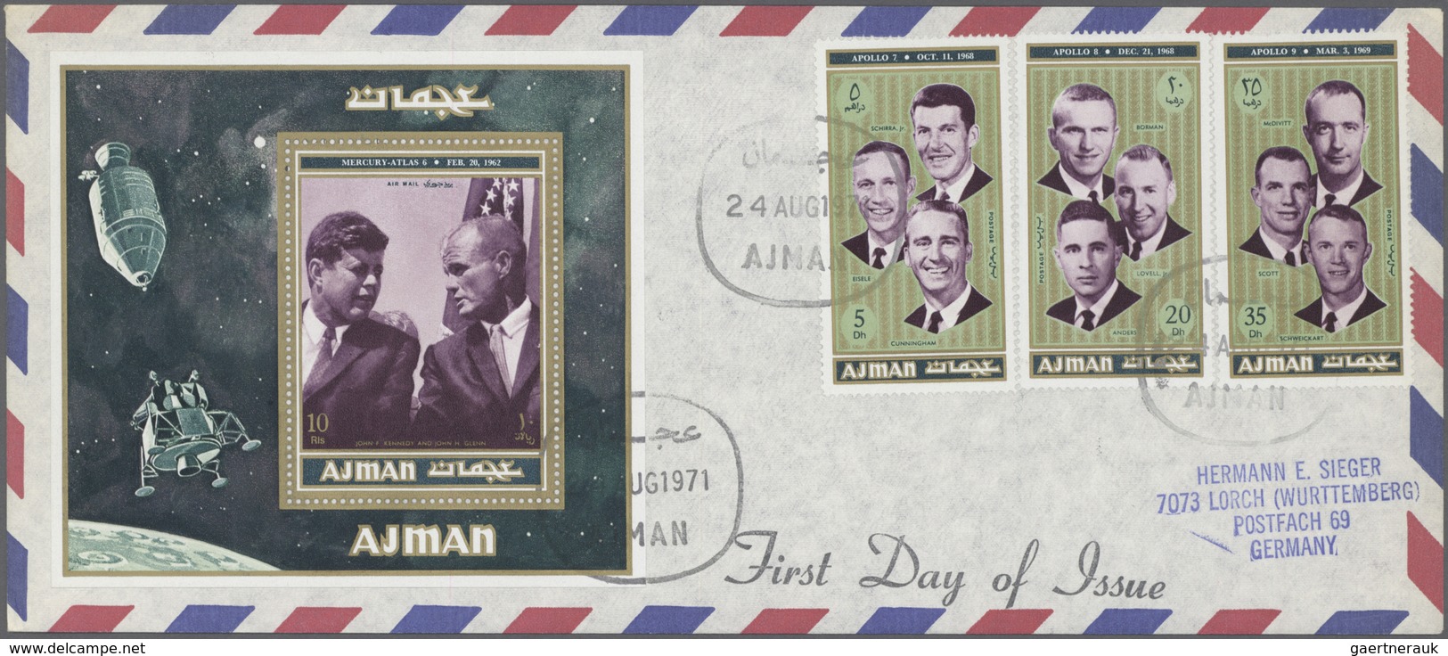 08026 Adschman / Ajman: 1971, Apollo Crew, Complete Set Perf./imperf., Complete Set Of Eight De Luxe Sheet - Ajman