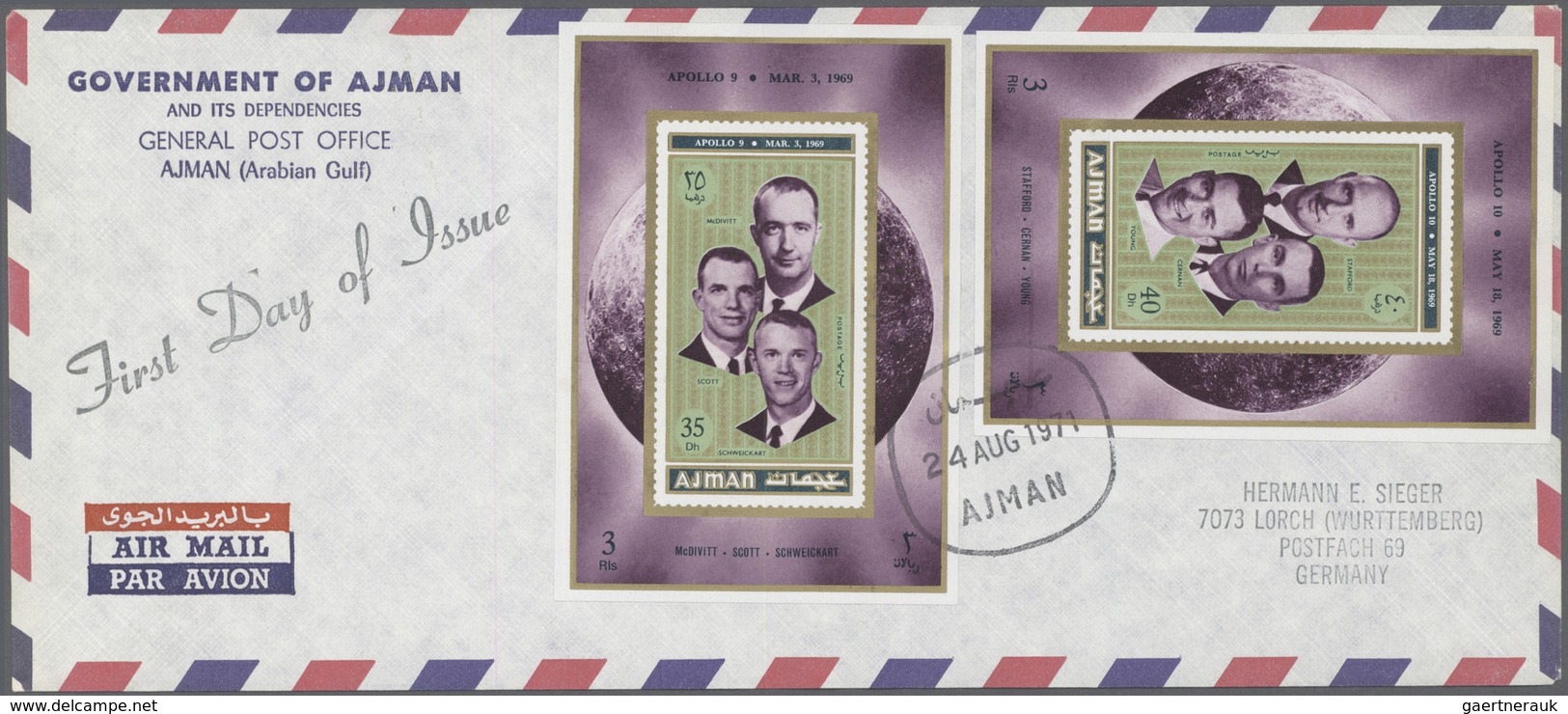 08026 Adschman / Ajman: 1971, Apollo Crew, complete set perf./imperf., complete set of eight de luxe sheet