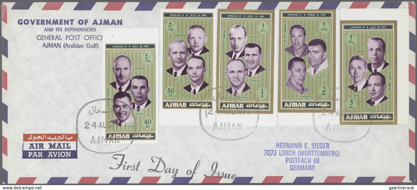 08026 Adschman / Ajman: 1971, Apollo Crew, complete set perf./imperf., complete set of eight de luxe sheet