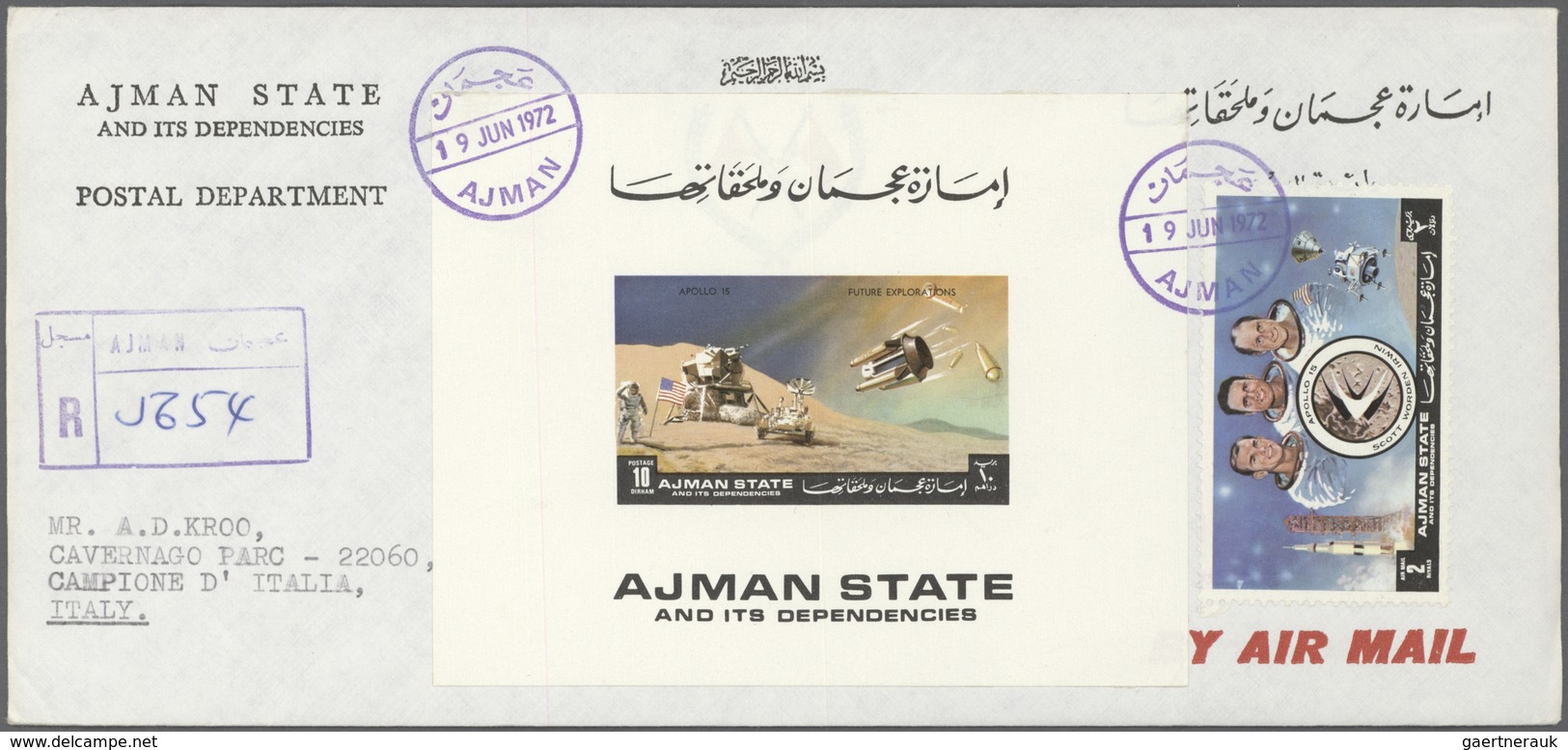 08030 Adschman / Ajman: 1971, Apollo 15, 5dh. To 50dh., Six De Luxe Sheets Each On Registered Airmail Cove - Adschman