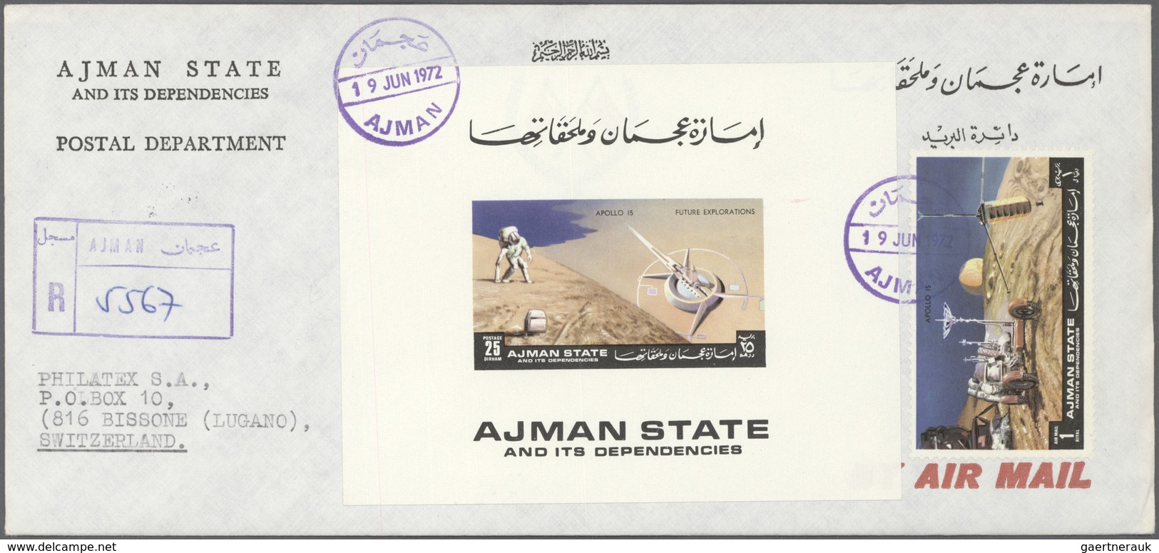 08030 Adschman / Ajman: 1971, Apollo 15, 5dh. To 50dh., Six De Luxe Sheets Each On Registered Airmail Cove - Adschman