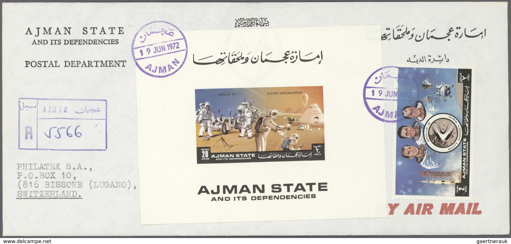 08030 Adschman / Ajman: 1971, Apollo 15, 5dh. to 50dh., six de luxe sheets each on registered airmail cove