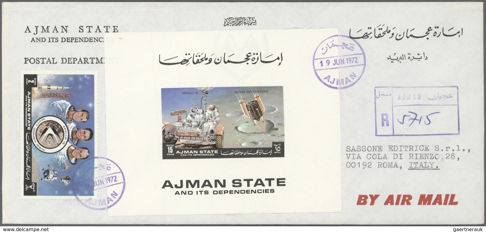 08030 Adschman / Ajman: 1971, Apollo 15, 5dh. to 50dh., six de luxe sheets each on registered airmail cove