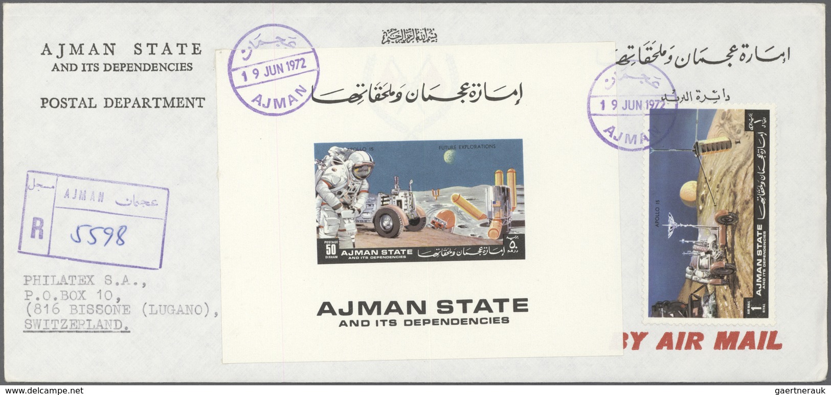 08030 Adschman / Ajman: 1971, Apollo 15, 5dh. to 50dh., six de luxe sheets each on registered airmail cove