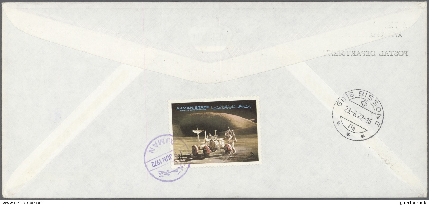 08030 Adschman / Ajman: 1971, Apollo 15, 5dh. to 50dh., six de luxe sheets each on registered airmail cove