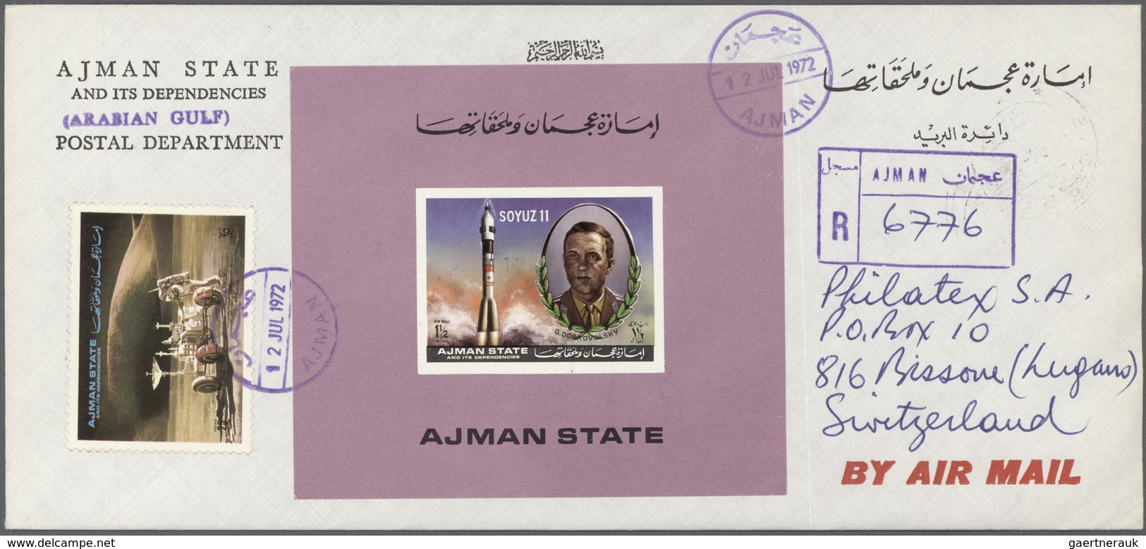 08031 Adschman / Ajman: 1972, Soyuz 11 (Cosmonauts Killed In Accident), Complete Set Of Three De Luxe Shee - Ajman