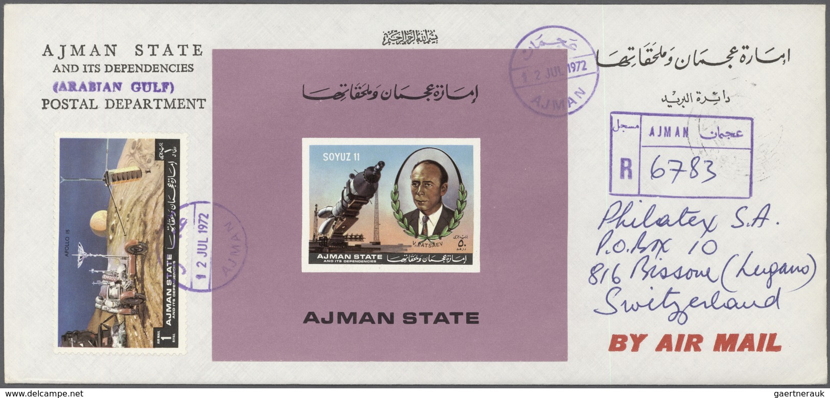 08031 Adschman / Ajman: 1972, Soyuz 11 (Cosmonauts Killed In Accident), Complete Set Of Three De Luxe Shee - Ajman