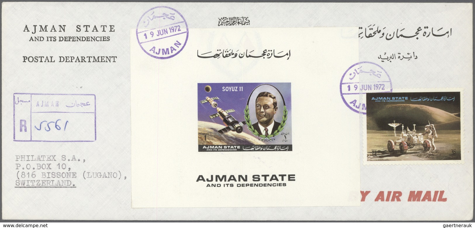 08032 Adschman / Ajman: 1972, Soyuz 11 (Cosmonauts Killed In Accident), Complete Set Of Three De Luxe Shee - Ajman