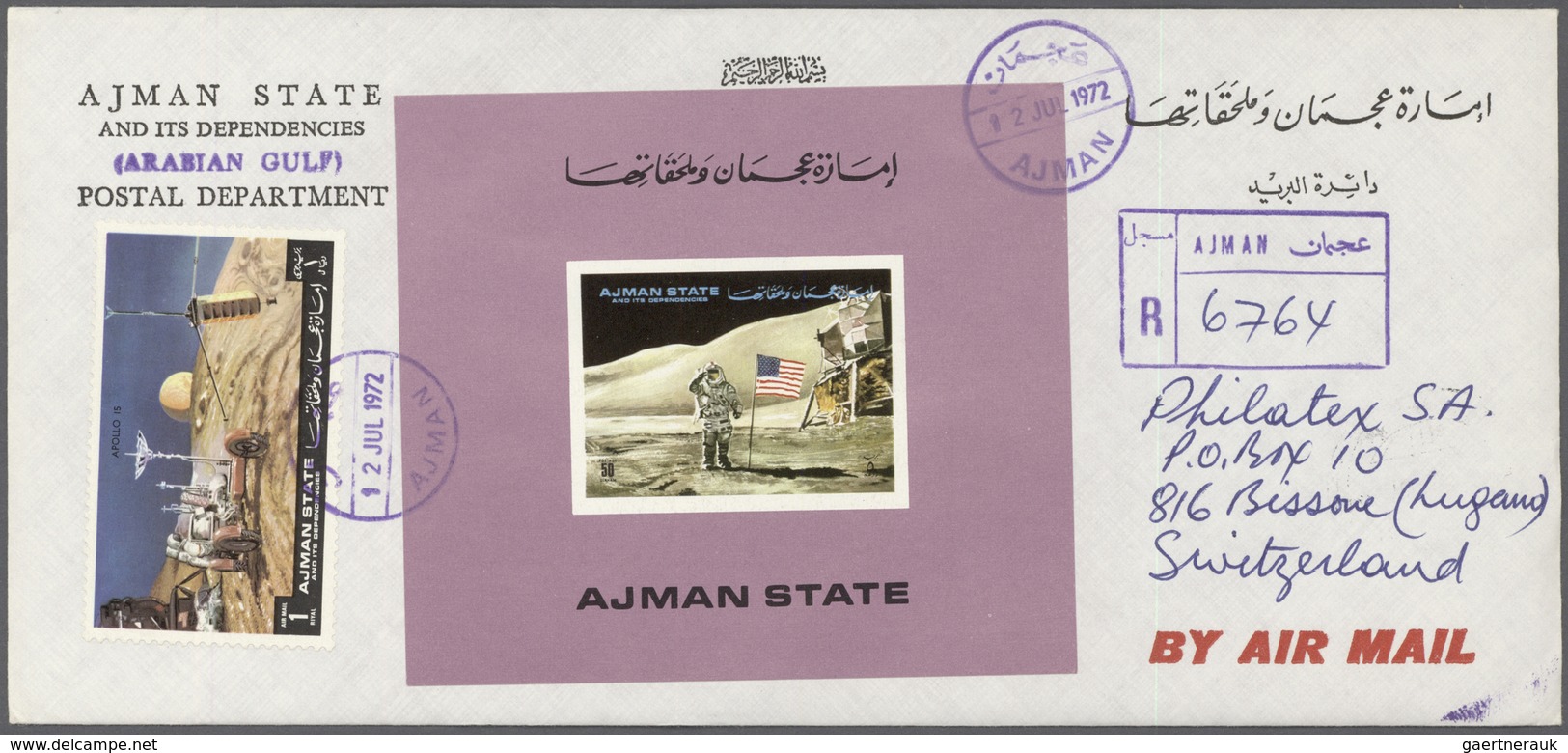08033 Adschman / Ajman: 1972, Apollo 15 (Exploring the moon), complete set of six de luxe sheets with purp