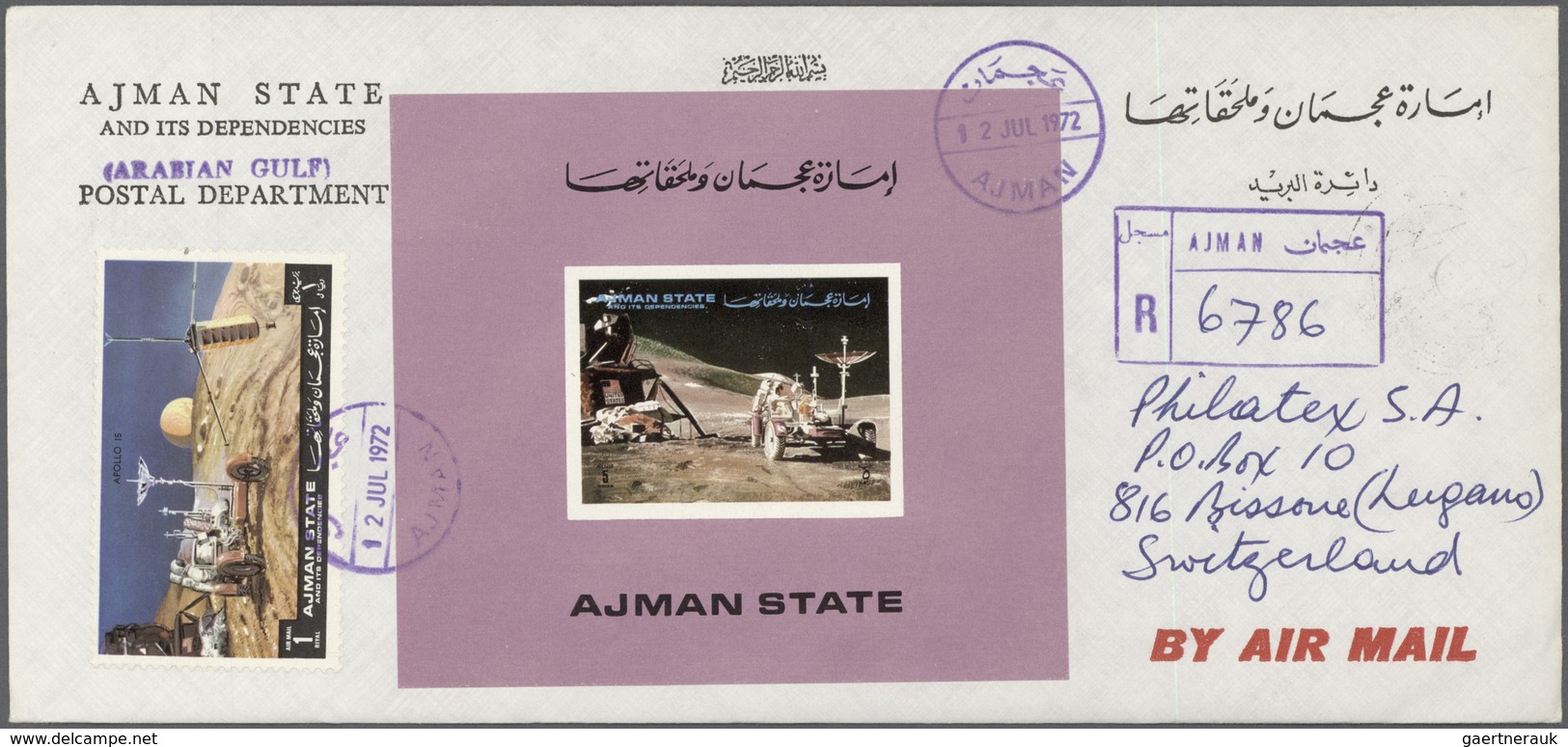 08033 Adschman / Ajman: 1972, Apollo 15 (Exploring the moon), complete set of six de luxe sheets with purp