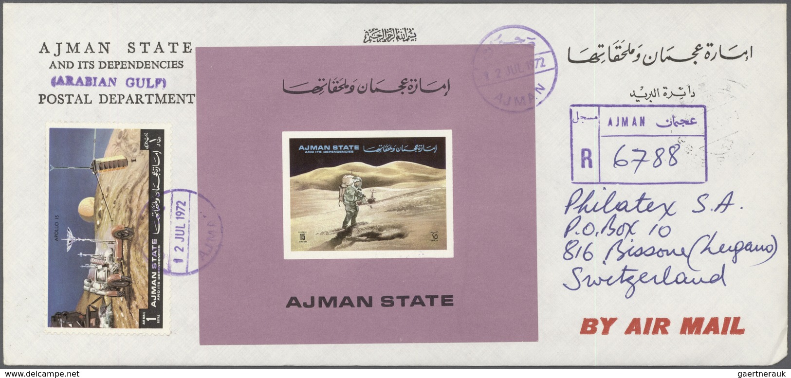 08033 Adschman / Ajman: 1972, Apollo 15 (Exploring the moon), complete set of six de luxe sheets with purp