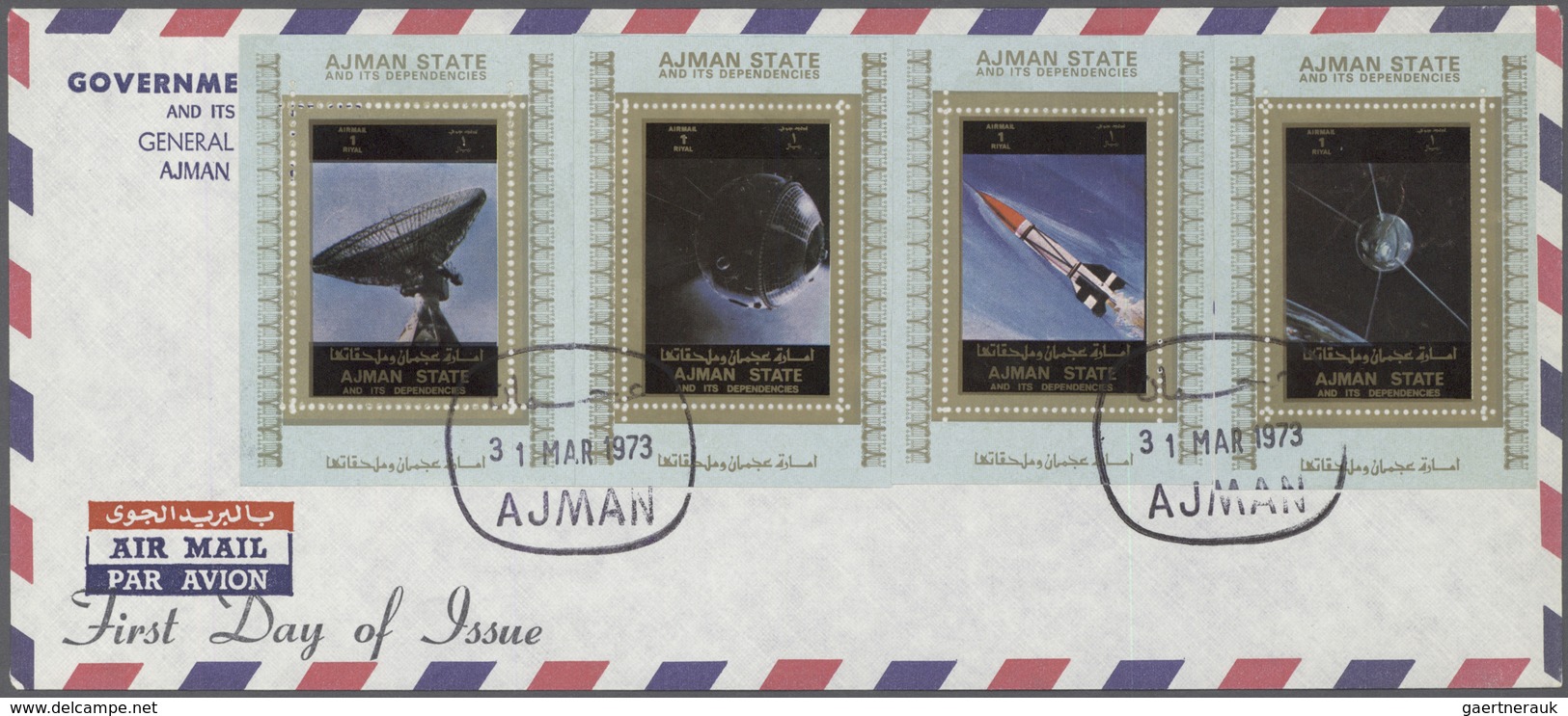 08035 Adschman / Ajman: 1973, U.S. Space Achievements, complete set of eight de luxe sheets with white mar