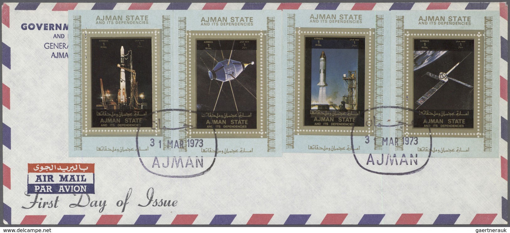 08035 Adschman / Ajman: 1973, U.S. Space Achievements, complete set of eight de luxe sheets with white mar