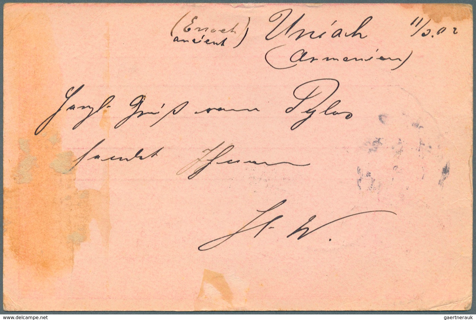 08058A Armenien - Stempel: 1902, 20 Para Postal Stationery Card From UNIE To Germany, On Reverse Ms. "(ENAC - Armenien