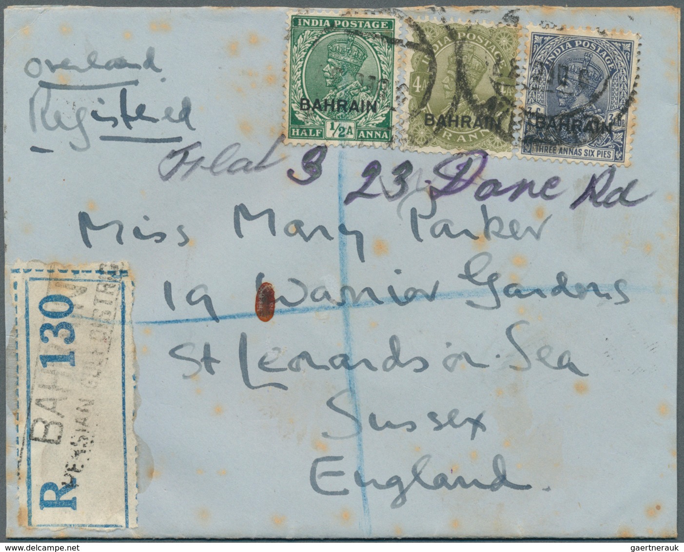 08062 Bahrain: 1930's, Four Airmail Covers To England With Different Frankings Of KGV. Definitives Optd. " - Bahreïn (1965-...)