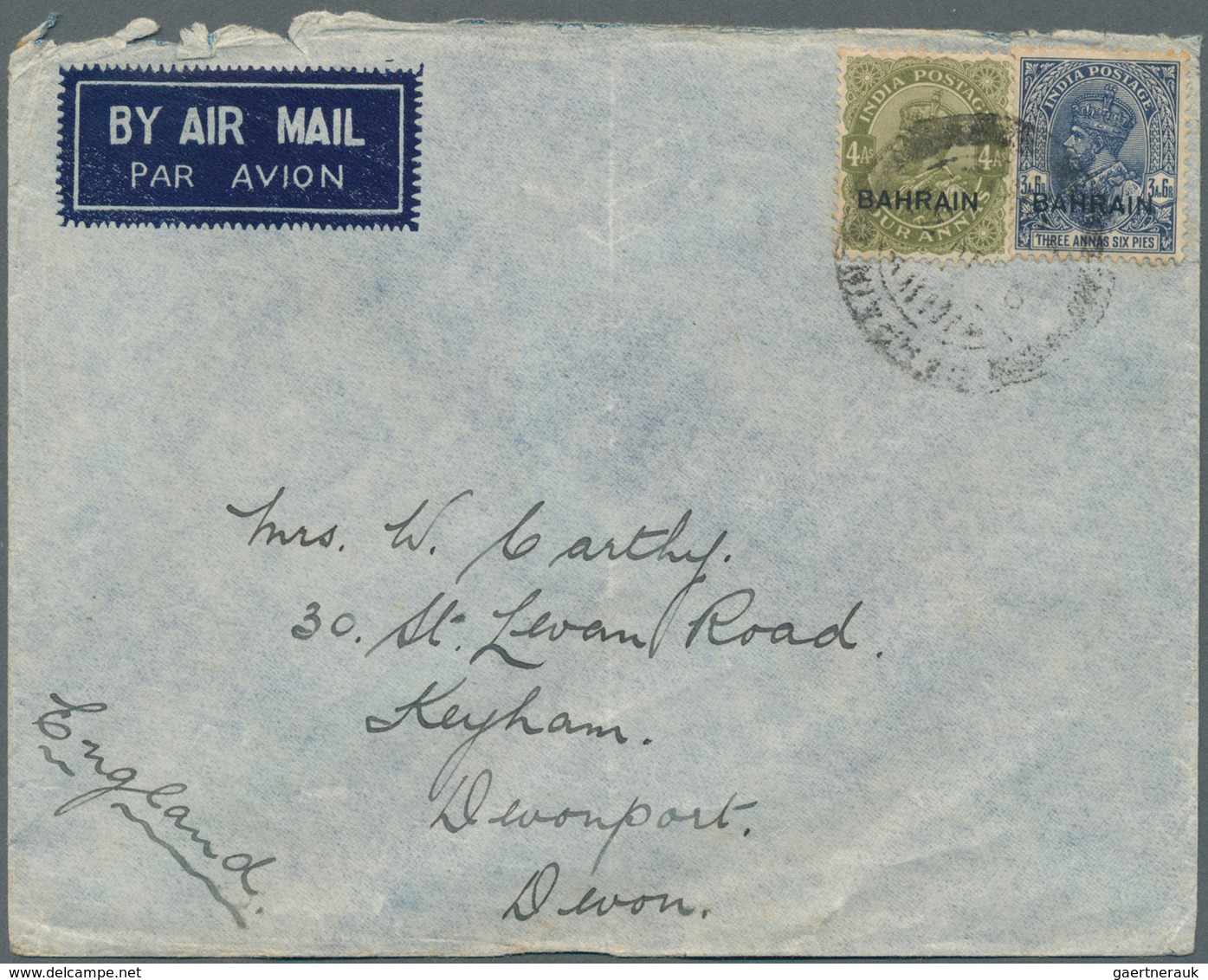 08062 Bahrain: 1930's, Four Airmail Covers To England With Different Frankings Of KGV. Definitives Optd. " - Bahreïn (1965-...)