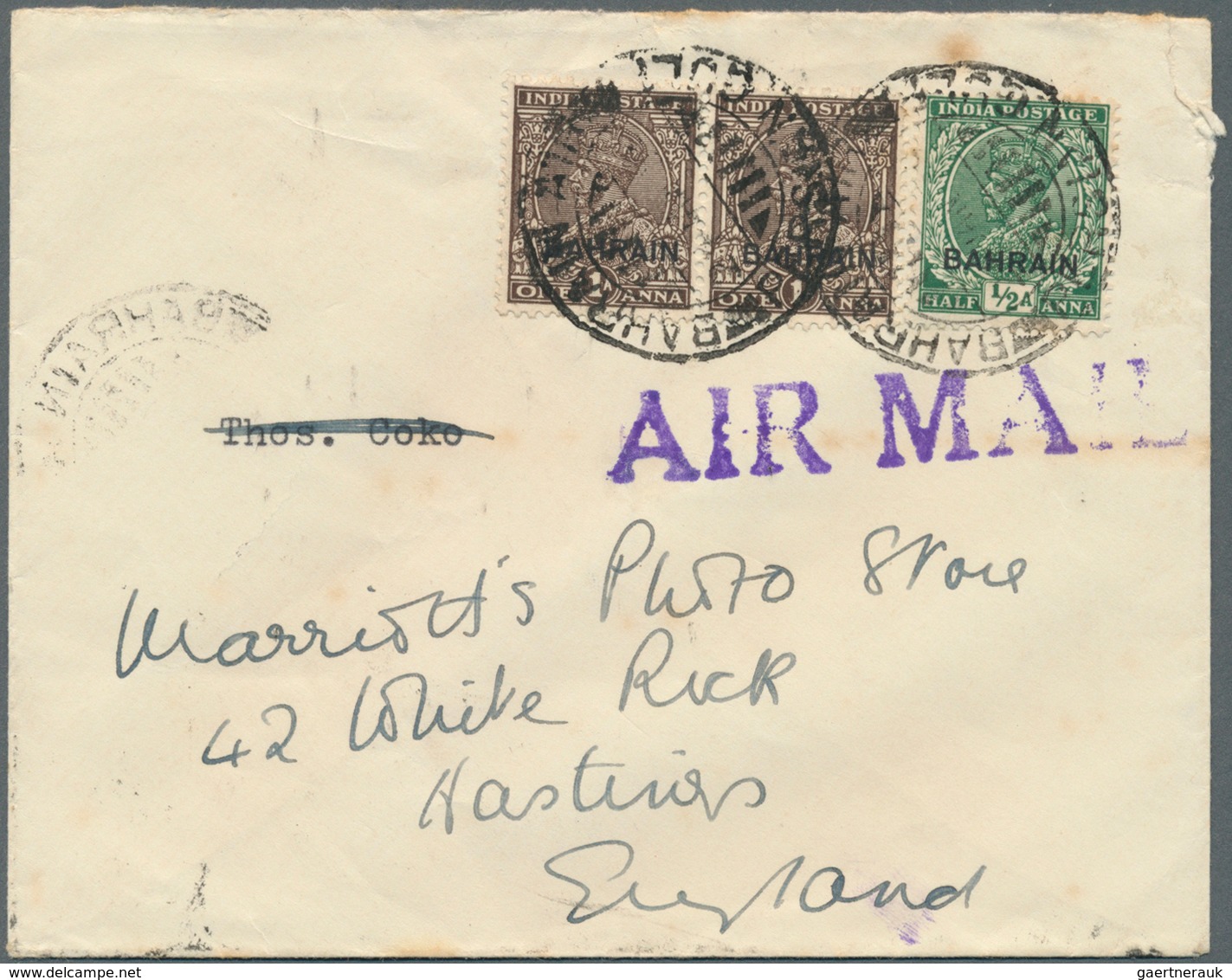 08062 Bahrain: 1930's, Four Airmail Covers To England With Different Frankings Of KGV. Definitives Optd. " - Bahrein (1965-...)