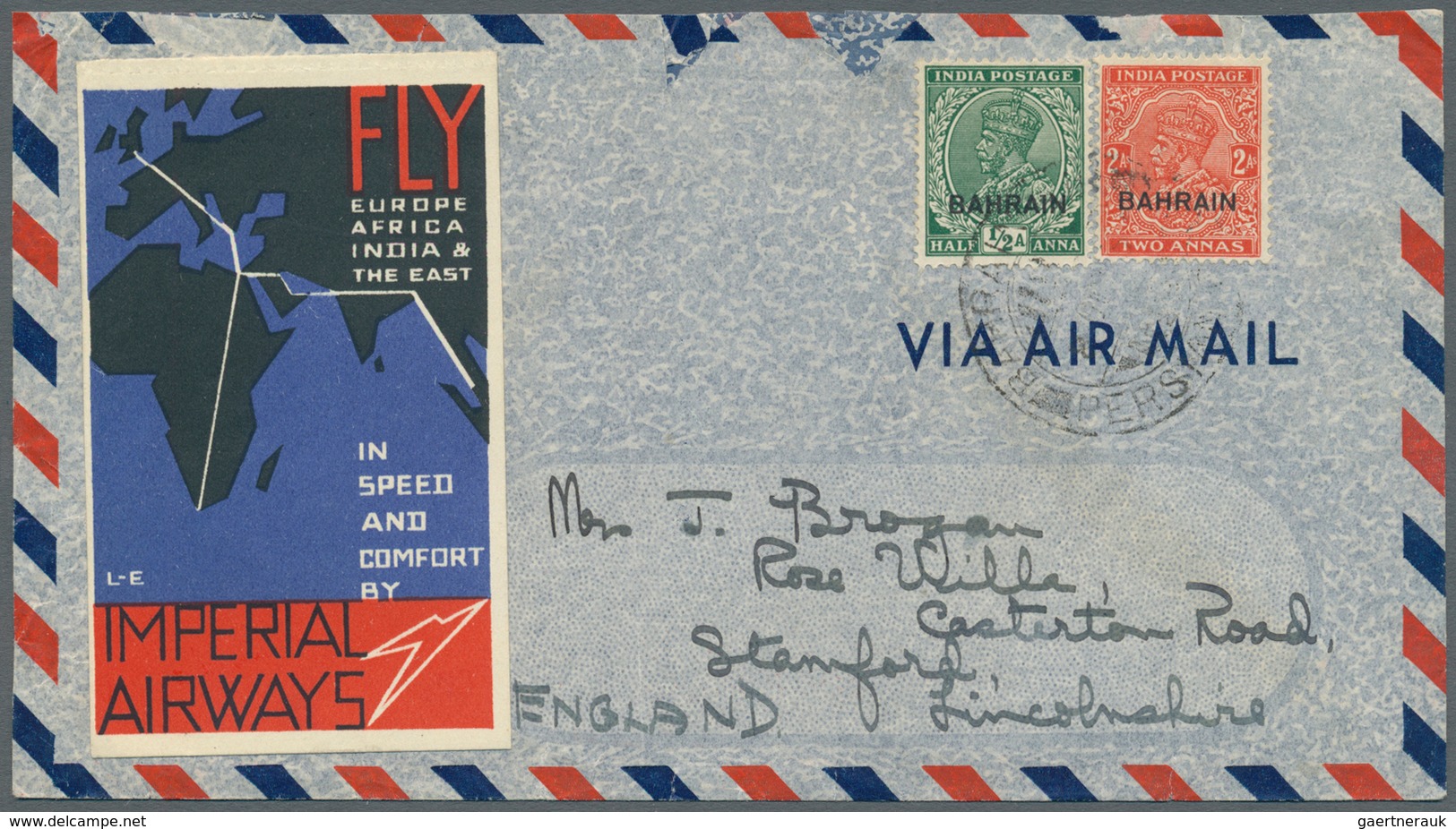 08063 Bahrain: 1930's/1975: Three Airmail Covers To England Including Cover Franked 1934-37 KGV. 2a. And ½ - Bahreïn (1965-...)