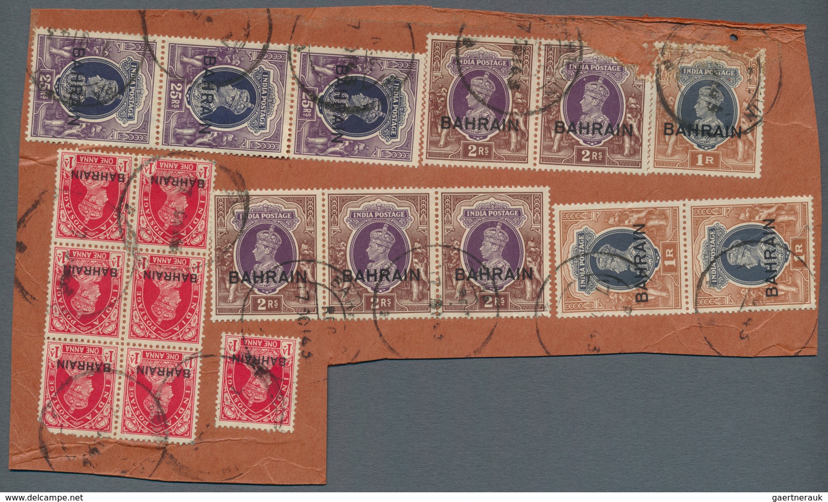 08066 Bahrain: 1938-41 KGVI. 25r. Vert. Strip Of Three, 2r. Strip Of Three And Pair, 1r. Pair And Single A - Bahrein (1965-...)