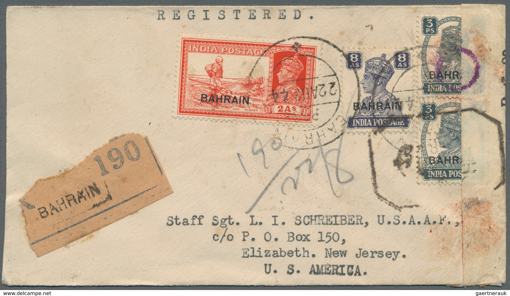 08070 Bahrain: 1944 Registered And Censored Cover To Elizabeth, New Jersey, U.S.A. Franked By KGVI. 2a., 8 - Bahreïn (1965-...)