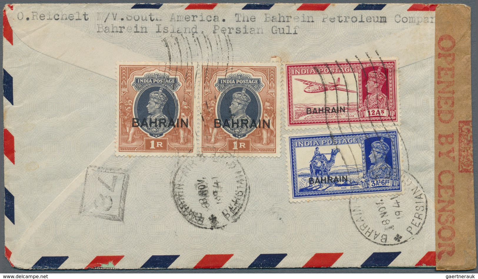 08071 Bahrain: 1941. Air Mail Envelope Addressed To The United States Bearing Bahrain SG 27, 3a6p Blue, SG - Bahrein (1965-...)