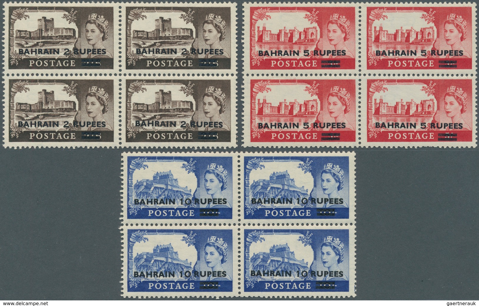 08074 Bahrain: 1955, Overprints On GB "Castles", Three Values Each As Block Of Four, Unmounted Mint (some - Bahrein (1965-...)