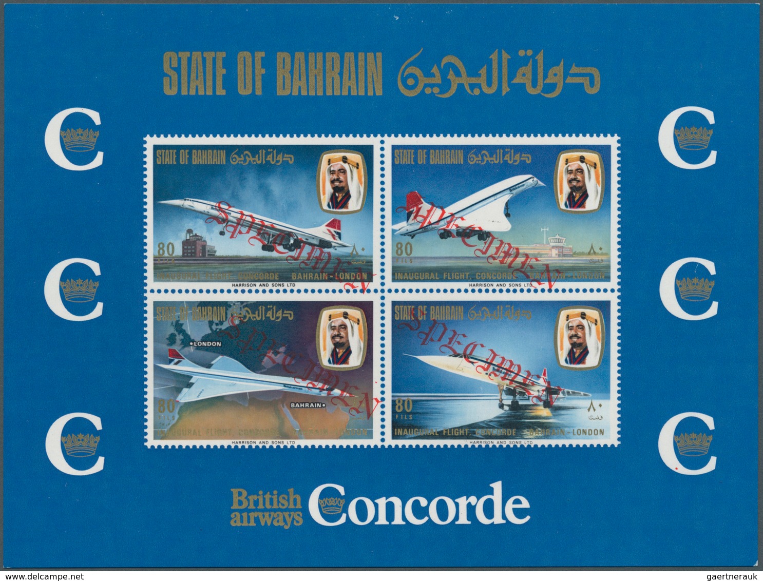 08076 Bahrain: 1976, Concorde First Flight Bahrain-London, Souvenir Sheet With Four Diagonal Red SPECIMEN - Bahrein (1965-...)