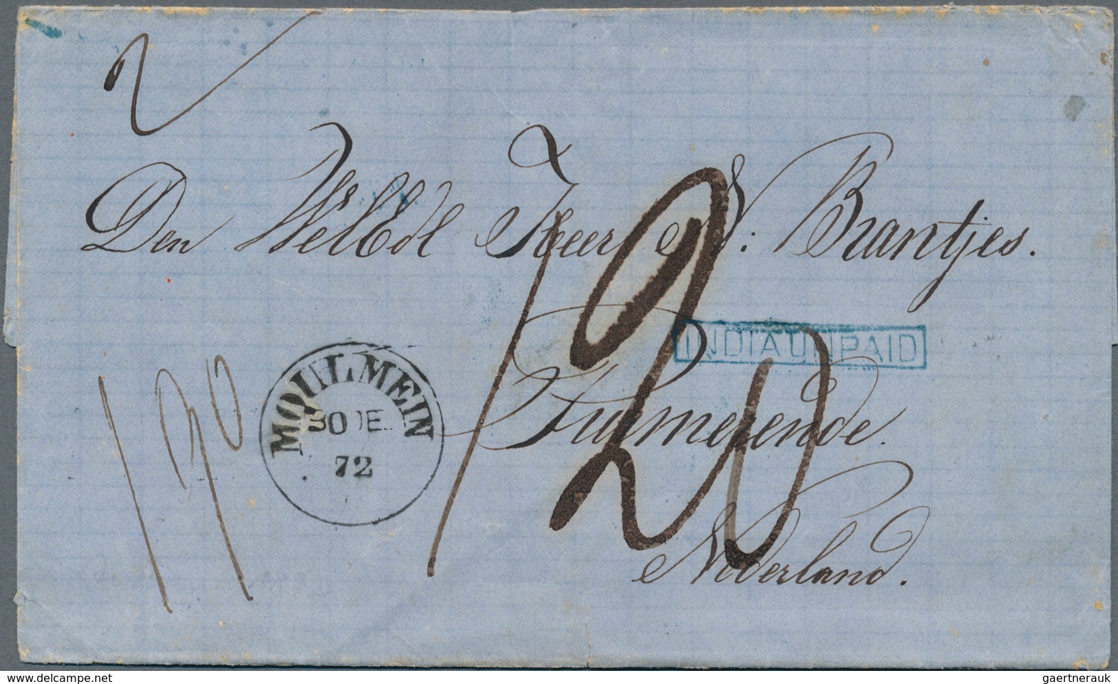 08083 Birma / Burma / Myanmar: 1872, Folded Letter With MOULMEIN Circle Datestamp And Boxed "INDIA UNPAID" - Myanmar (Burma 1948-...)