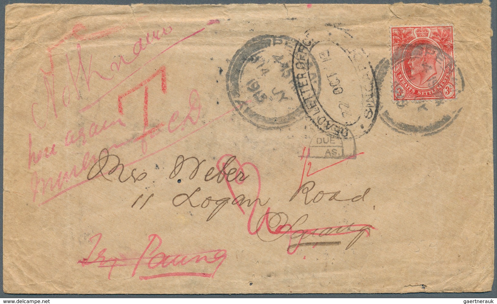 08085 Birma / Burma / Myanmar: 1913. Envelope Addressed To 'Logan Road, Ygang, Burma' Bearing Straits Sett - Myanmar (Birmanie 1948-...)