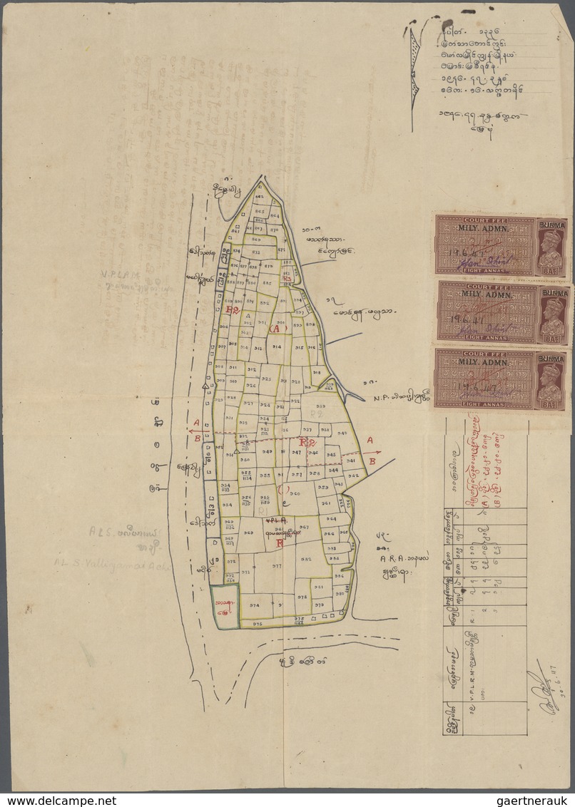 08088 Birma / Burma / Myanmar: 1940/1947 (ca.), Two Fiscal Documents Bearing Different Court Fee KGVI Stam - Myanmar (Burma 1948-...)