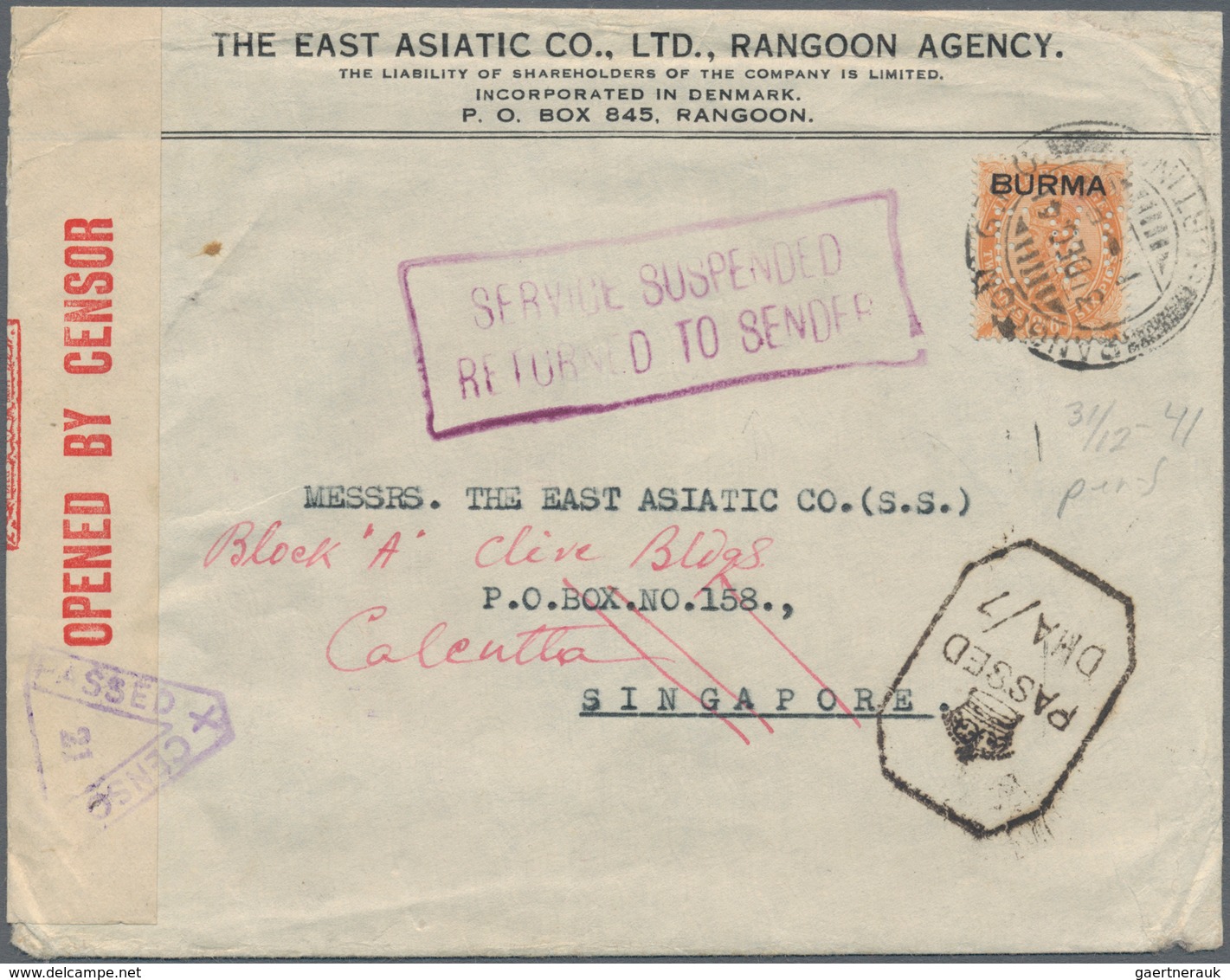 08089 Birma / Burma / Myanmar: 1941, Service Suspended Mail To Singapore: KGV 2 Sh. 6d With Perfin "EAC" ( - Myanmar (Burma 1948-...)