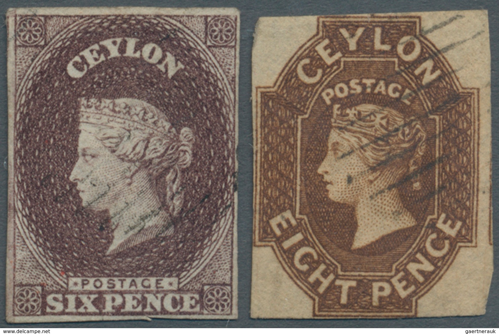 08100 Ceylon / Sri Lanka: 1857-59 QV 6d. Purple-brown And 8d. Brown Both Used, With Complete To Wide Margi - Sri Lanka (Ceylan) (1948-...)