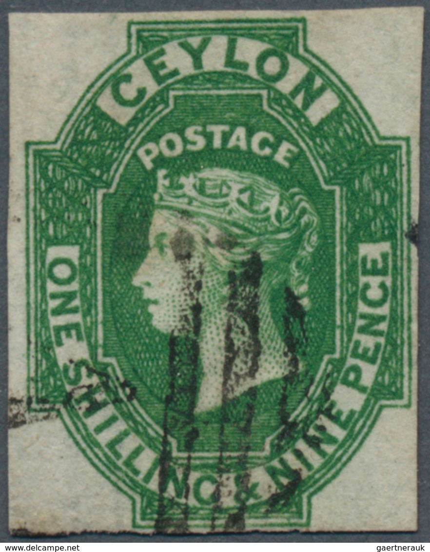 08100A Ceylon / Sri Lanka: 1857, QV 1Sh9P Green On White Paper With Partly Watermark (left Frame), Fresh Co - Sri Lanka (Ceylan) (1948-...)