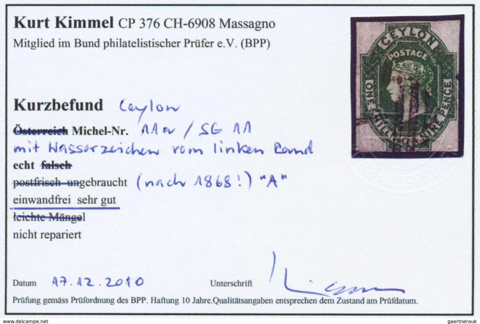 08100A Ceylon / Sri Lanka: 1857, QV 1Sh9P Green On White Paper With Partly Watermark (left Frame), Fresh Co - Sri Lanka (Ceylan) (1948-...)