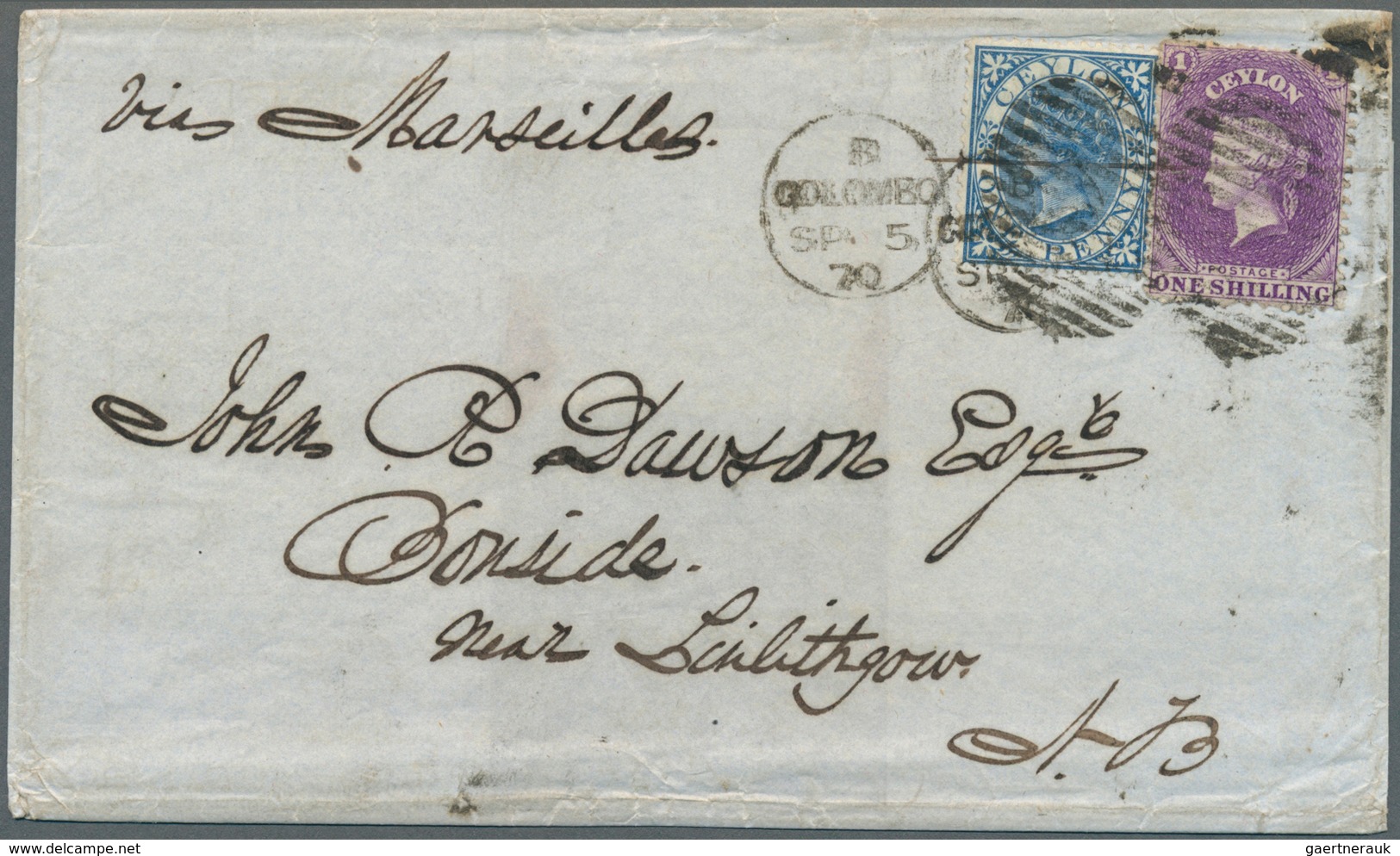 08102 Ceylon / Sri Lanka: 1870, Attractive Mixed Franking With 1 Shilling Lilac And 1 D Blue From COLOMBO - Sri Lanka (Ceylan) (1948-...)