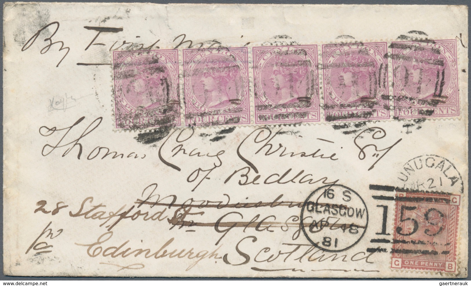 08105 Ceylon / Sri Lanka: 1881, Small Envelope Franked With 4 C. QV In Horizontal Strip Of Five Originally - Sri Lanka (Ceylan) (1948-...)