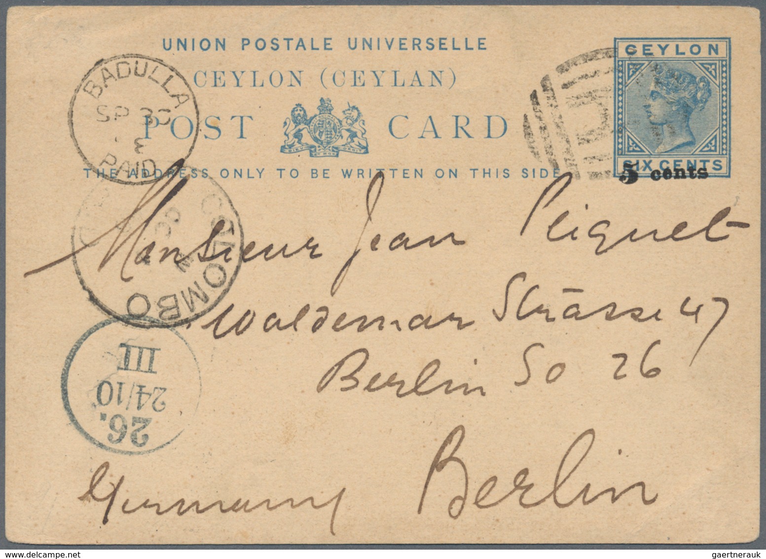 08106 Ceylon / Sri Lanka: 1888/95, Two Stationery Cards Used To Germany: UPU Card 5 C./6c. Used Barred Ova - Sri Lanka (Ceylon) (1948-...)