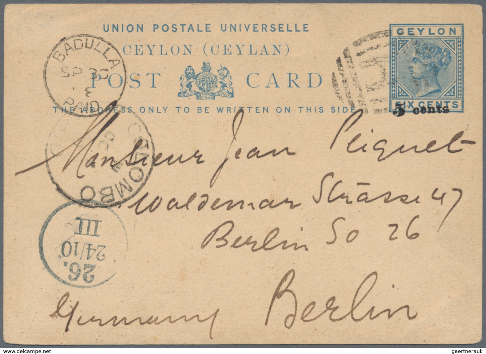 08106 Ceylon / Sri Lanka: 1888/95, Two Stationery Cards Used To Germany: UPU Card 5 C./6c. Used Barred Ova - Sri Lanka (Ceylan) (1948-...)