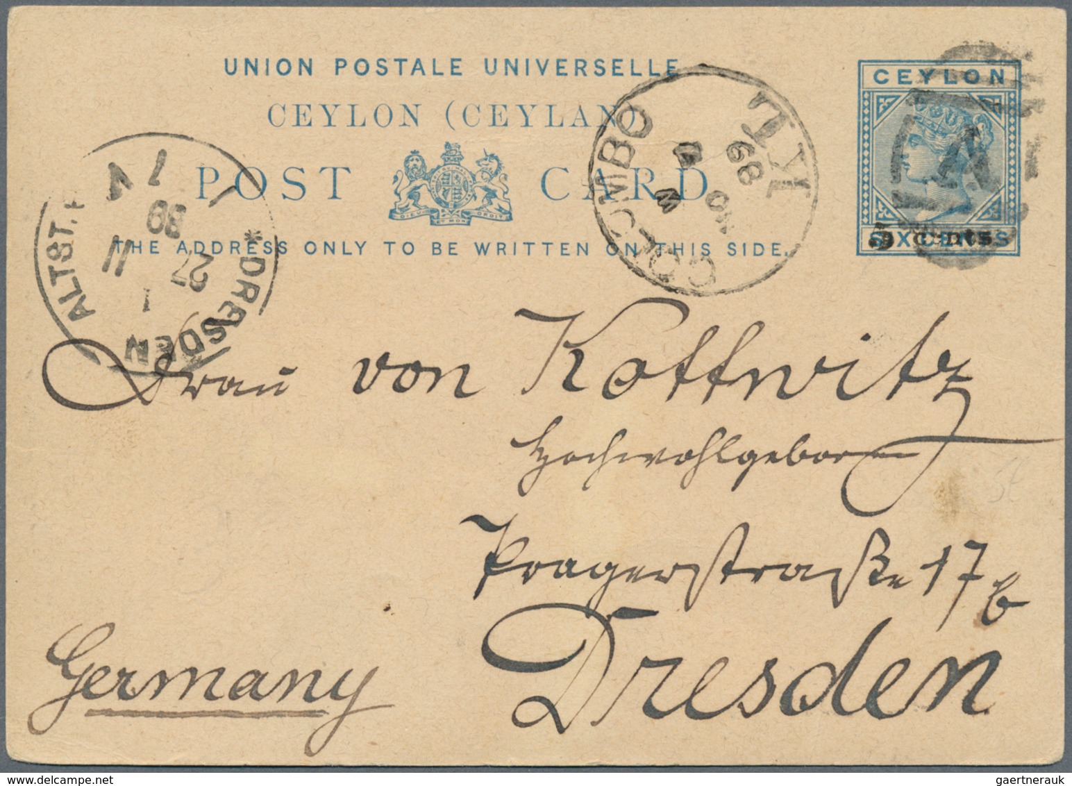 08106A Ceylon / Sri Lanka: 1889, Stationery QV 6 C. Used "COLOMBO KL NO 7 89" To Germany W. Dresden Nov. 22 - Sri Lanka (Ceylon) (1948-...)