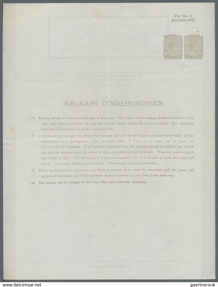 08110 Ceylon / Sri Lanka: 1943 Aerogramme Etc.: First Airgraph Form For Service Personnel, With Two Imprin - Sri Lanka (Ceylon) (1948-...)