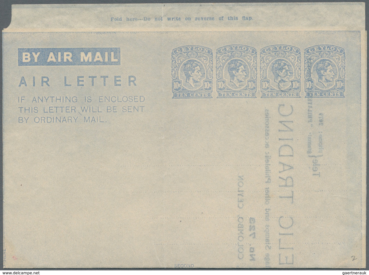 08111 Ceylon / Sri Lanka: 1946, AIR LETTER KGVI 10c. Four Impressions In Pale Blue On White Paper With Ins - Sri Lanka (Ceylon) (1948-...)