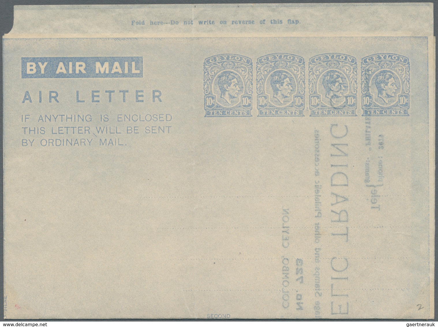 08111 Ceylon / Sri Lanka: 1946, AIR LETTER KGVI 10c. Four Impressions In Pale Blue On White Paper With Ins - Sri Lanka (Ceylan) (1948-...)