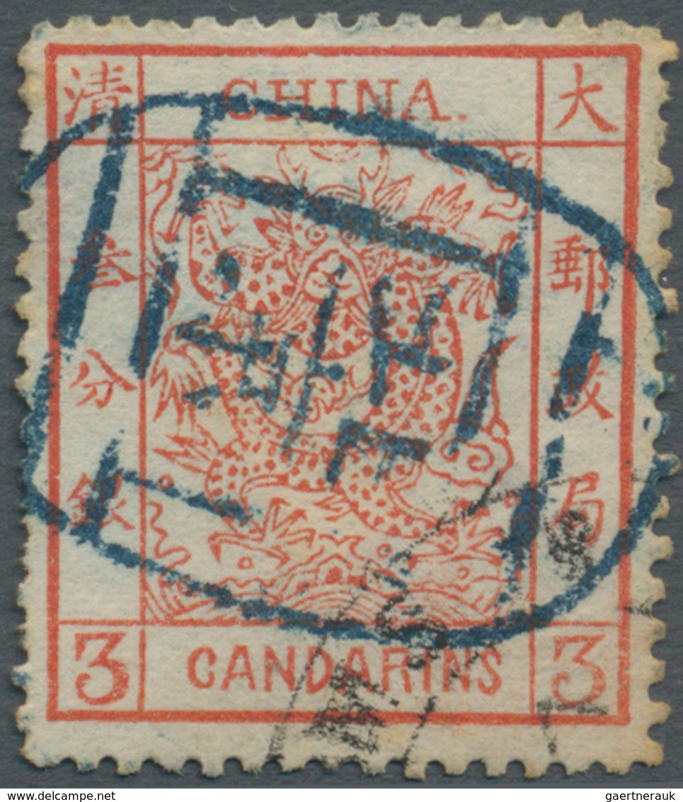 08113 China: 1883, Large Dragon Thick Paper Canc. Full Strike Blue Seal "PEKING", Also Corner Cancel Ot Cu - Sonstige & Ohne Zuordnung