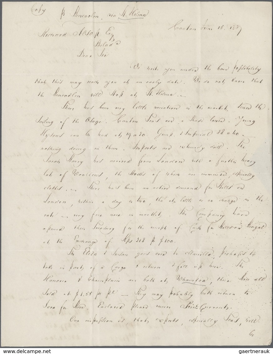 08114 China: 1837, Canton To London, Rare Routing Via St. Helena: Entire Folded Letter Dated ''Canton June - Autres & Non Classés