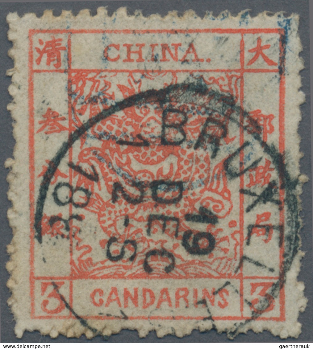 08122 China: 1885, Large Dragon Thick Paper Rough Perforation (Chan Type IV) 3 Ca. Canc. Faint Blue Large - Sonstige & Ohne Zuordnung