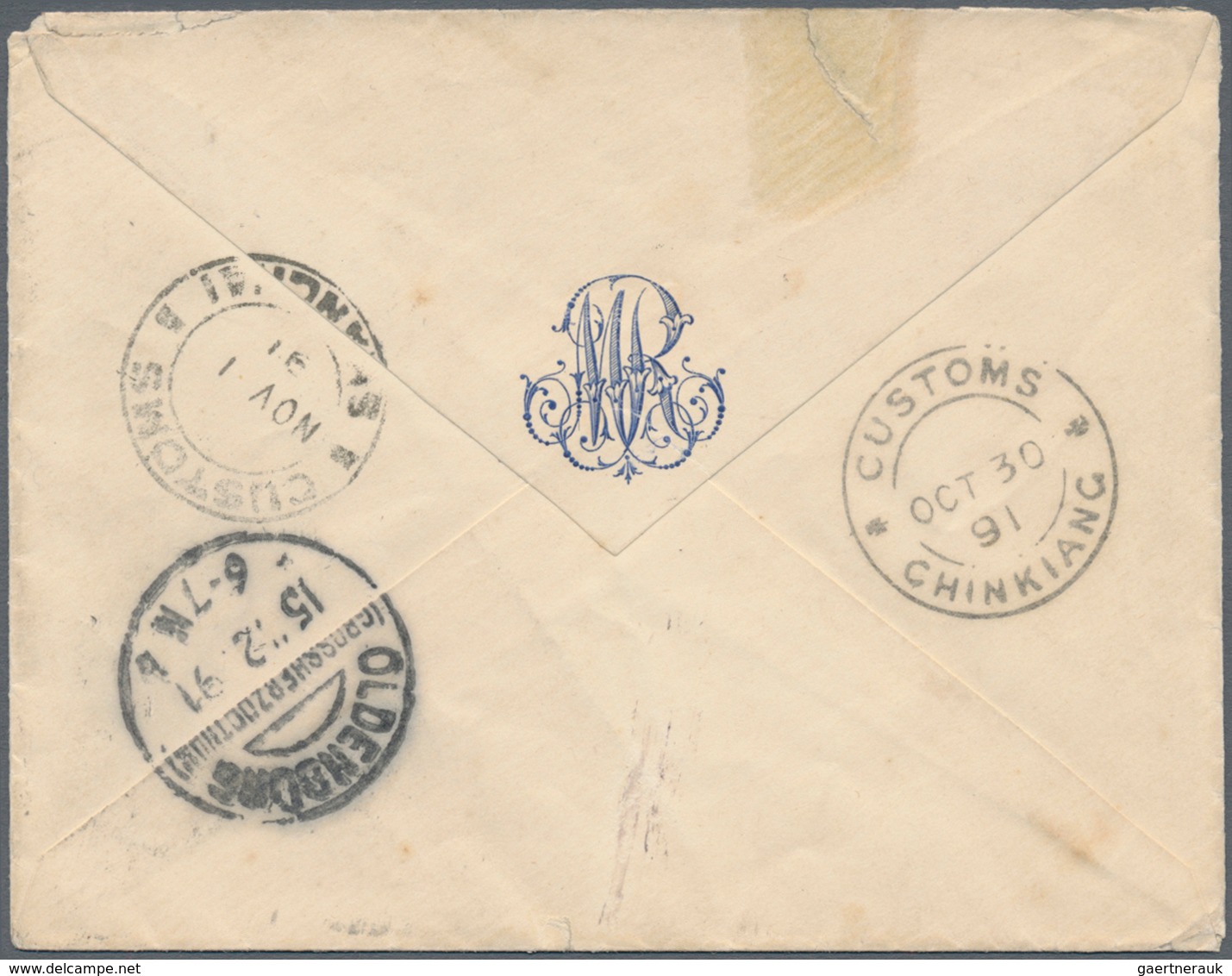 08124 China: 1891", "CUSTOMS CHINKIANG OCT 30 91" On Reverse Of Cover (tear), Transit "CUSTOMS SHANGHAI NO - Autres & Non Classés