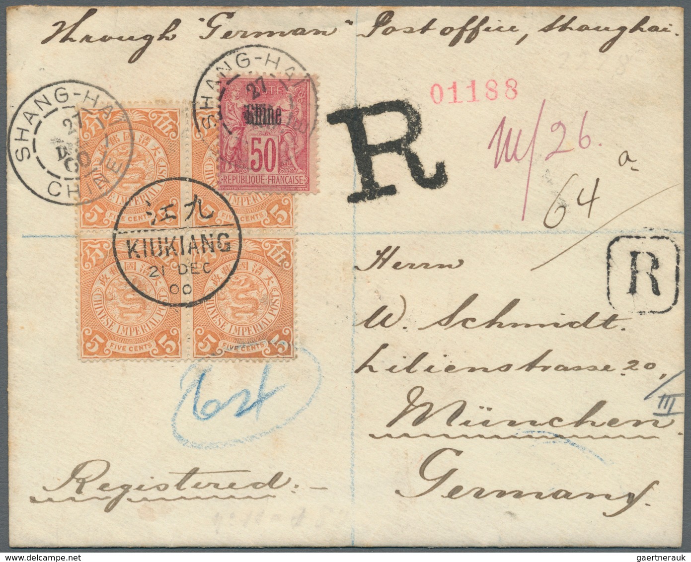 08131 China: 1898, Coiling Dragon 5 C. Salmon Block-4 Canc. Bisected Bilingual "KIUKIANG 21 DEC 00" In Com - Autres & Non Classés