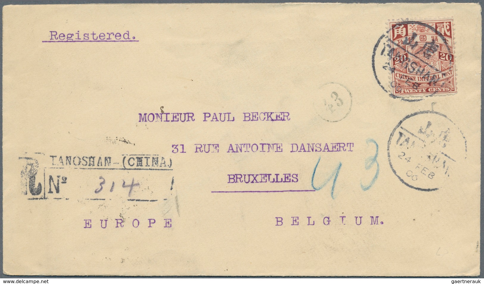 08141 China: 1902, Carp 20 C. Tied Bilingual Bisected ''TANGSHAN 24 FEB 06`` To Registered Cover To Brussels - Autres & Non Classés