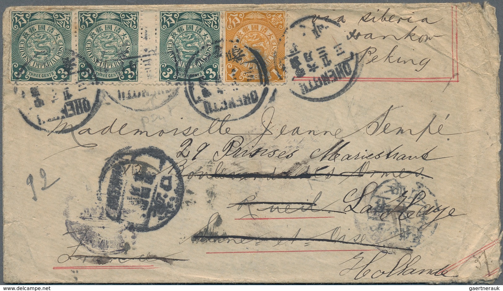 08142 China: 1902/08, Chengtu Letter Box Mark: Coiling Dragon 3 C. Green, A Horizontal Strip-3 With Interp - Autres & Non Classés