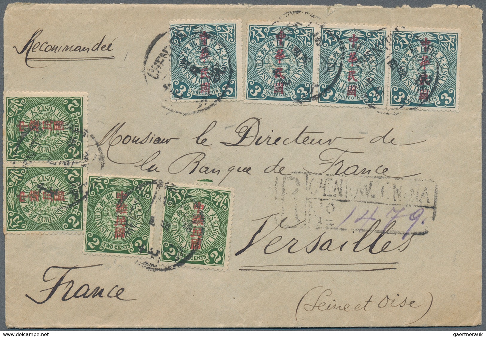 08153 China: 1912, Commercial Press Ovpt. 2 C. (4 Inc. Pair) With Waterlow Ovpt. 3 C. (4 Inc. Strip-3) Tie - Autres & Non Classés